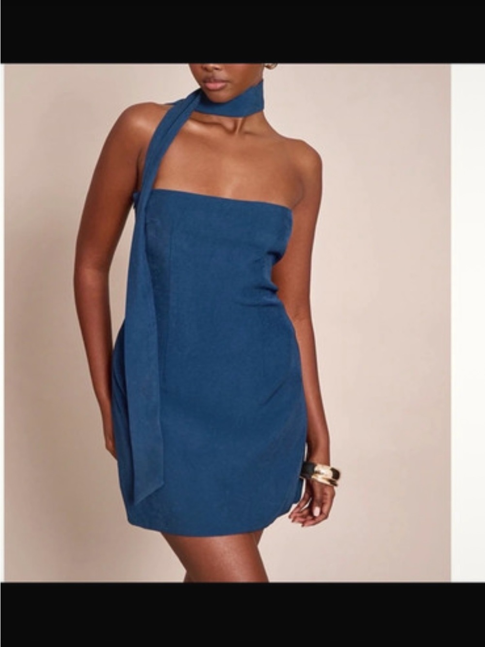Strapless Blue Mini Dress with Neck Scarf